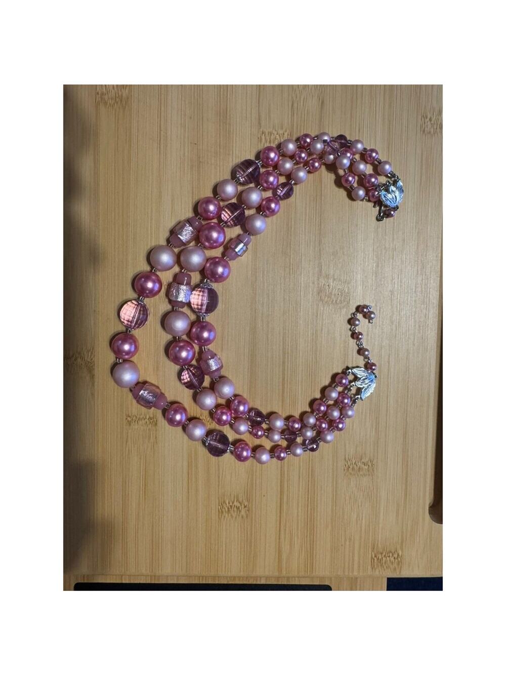 Vintage Faux Pearl Necklace 13”, 3 Strand, 3 Shades of Pink, Signed Japan